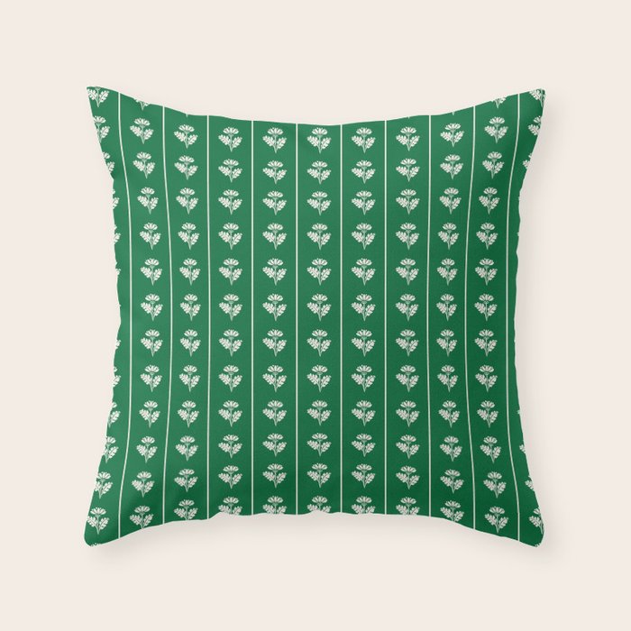 Emerald Green Vintage Cottage Flowers and Stripes Pattern Throw Pillow Gallery Image 6