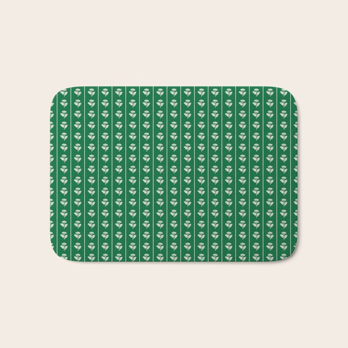 Emerald Green Vintage Cottage Flowers and Stripes Pattern Bath Mat Gallery Image 1