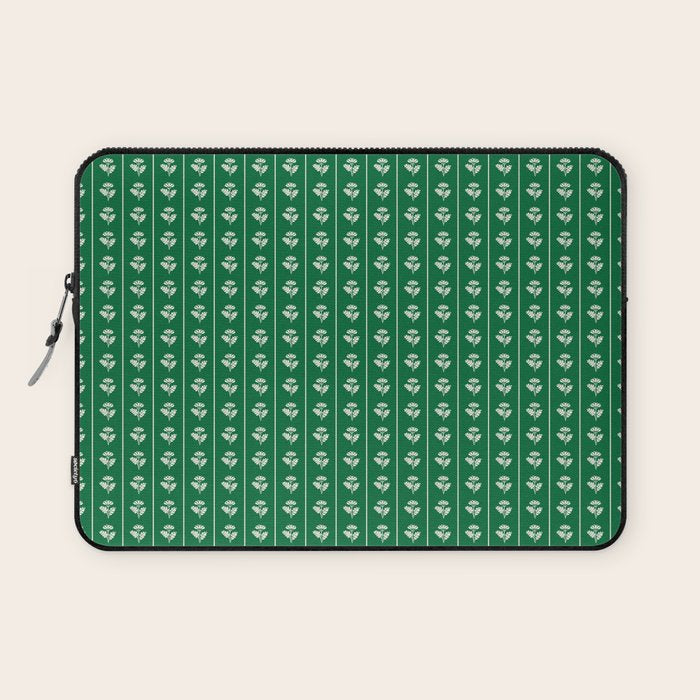 Emerald Green Vintage Cottage Flowers and Stripes Pattern Laptop Sleeve Gallery Image 1