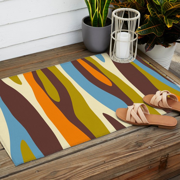 Eclectic Abstract Wild Stripes Retro Contemporary Pattern in Avocado Brown Orange Blue Outdoor Rug Gallery Image 2