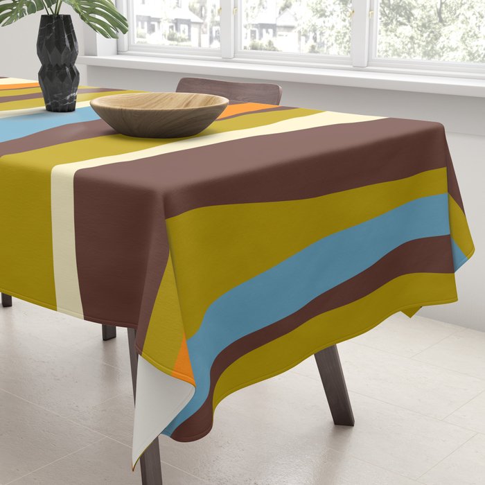 Eclectic Abstract Wild Stripes Retro Contemporary Pattern in Avocado Brown Orange Blue Tablecloth Gallery Image 3