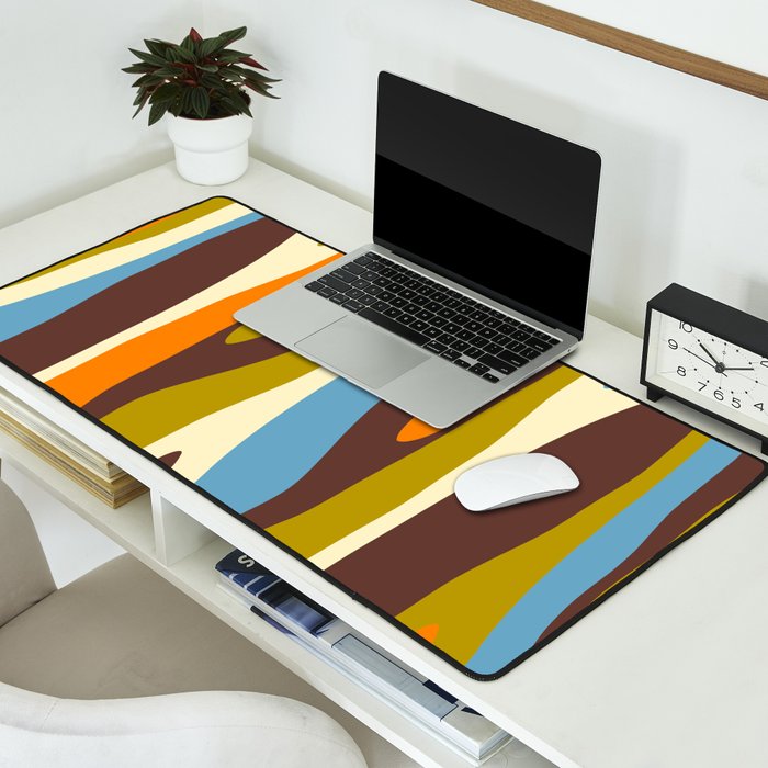 Eclectic Abstract Wild Stripes Retro Contemporary Pattern in Avocado Brown Orange Blue Desk Mat Gallery Image 2