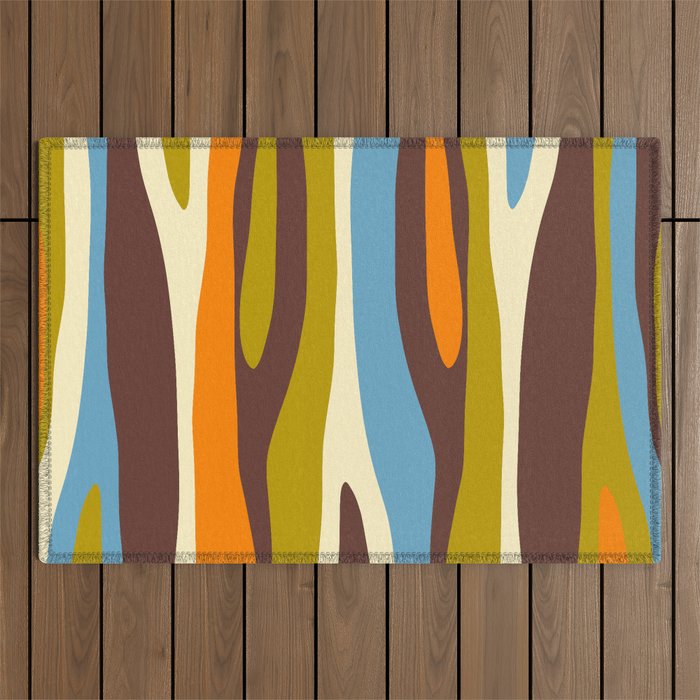 Eclectic Abstract Wild Stripes Retro Contemporary Pattern in Avocado Brown Orange Blue Outdoor Rug Gallery Image 1