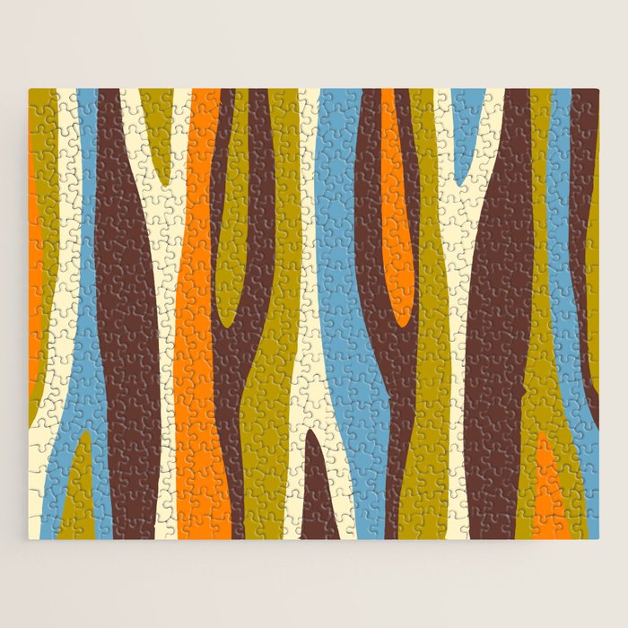 Eclectic Abstract Wild Stripes Retro Contemporary Pattern in Avocado Brown Orange Blue Jigsaw Puzzle Gallery Image 1