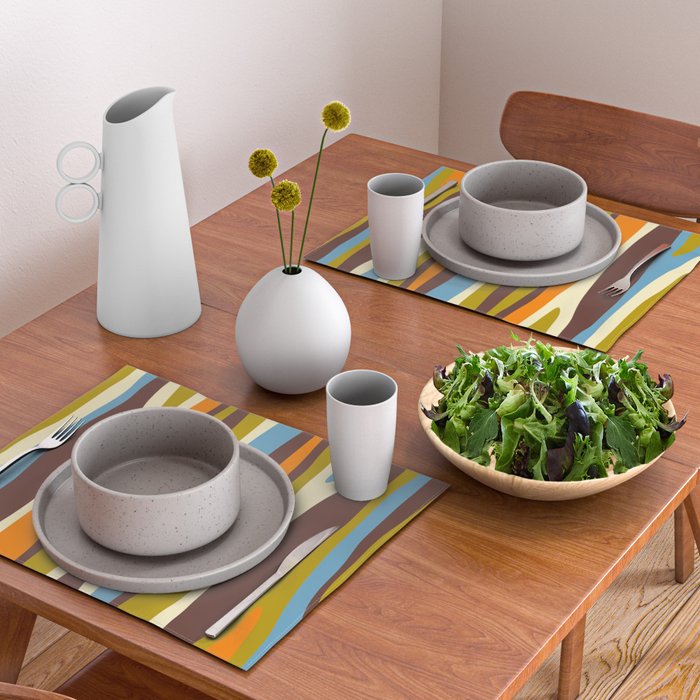 Eclectic Abstract Wild Stripes Retro Contemporary Pattern in Avocado Brown Orange Blue Placemat Gallery Image 2