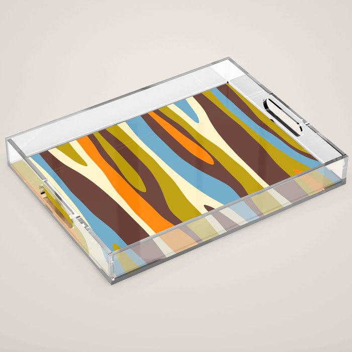 Eclectic Abstract Wild Stripes Retro Contemporary Pattern in Avocado Brown Orange Blue Acrylic Tray Gallery Image 1