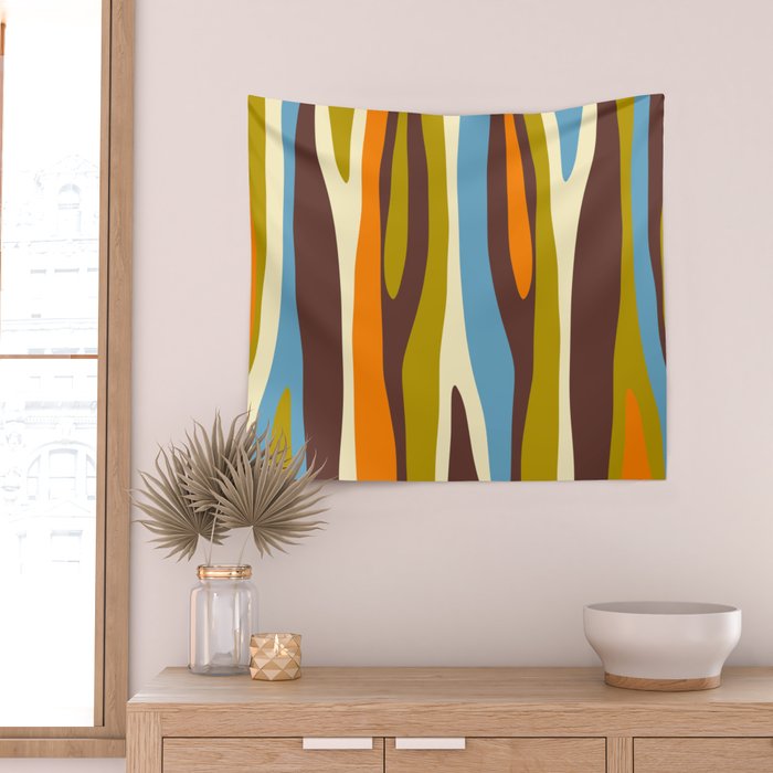 Eclectic Abstract Wild Stripes Retro Contemporary Pattern in Avocado Brown Orange Blue Wall Tapestry Gallery Image 2