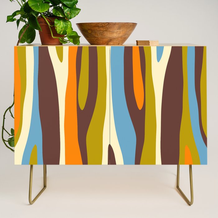 Eclectic Abstract Wild Stripes Retro Contemporary Pattern in Avocado Brown Orange Blue Credenza Gallery Image 1