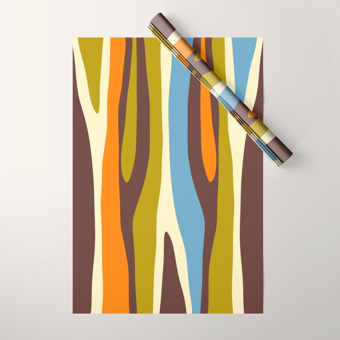 Eclectic Abstract Wild Stripes Retro Contemporary Pattern in Avocado Brown Orange Blue Wrapping Paper Gallery Image 1