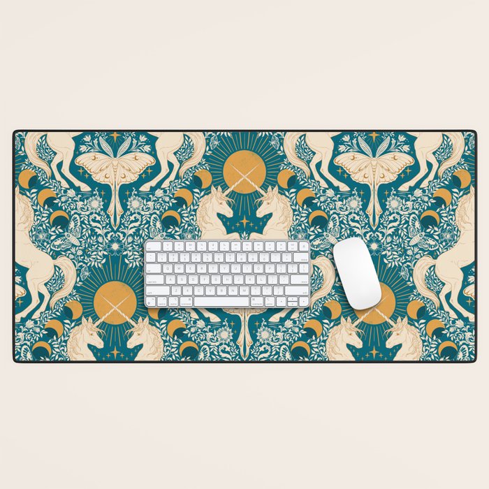 Celestial Unicorns In Turquoise and Gold Desk Mat Gallery Image 1