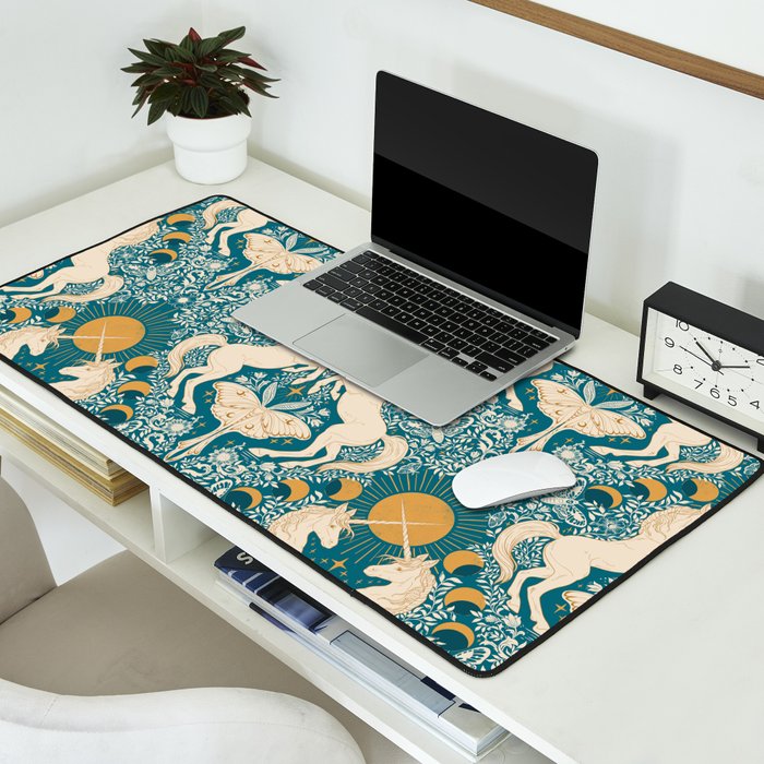 Celestial Unicorns In Turquoise and Gold Desk Mat Gallery Image 2
