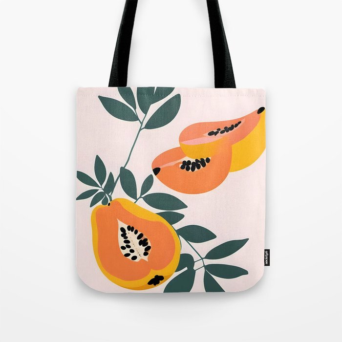 PAPA-YAY! Tropical Fruit Papaya, Vintage Botanical Illustration, Juicy Summer Seashore Food Exotic, Fresh Sweet Bohemian Painting Tote Bag Gallery Image 1