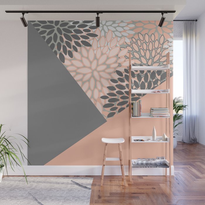 Modern, Floral Prints, with Block Color, Coral and Gray Wall Mural Gallery Image 1