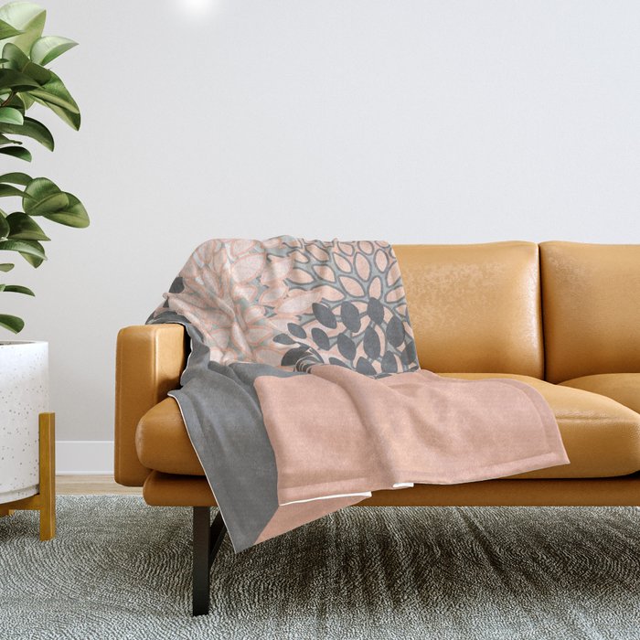 Modern, Floral Prints, with Block Color, Coral and Gray Throw Blanket Gallery Image 1