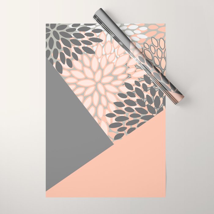 Modern, Floral Prints, with Block Color, Coral and Gray Wrapping Paper Gallery Image 1