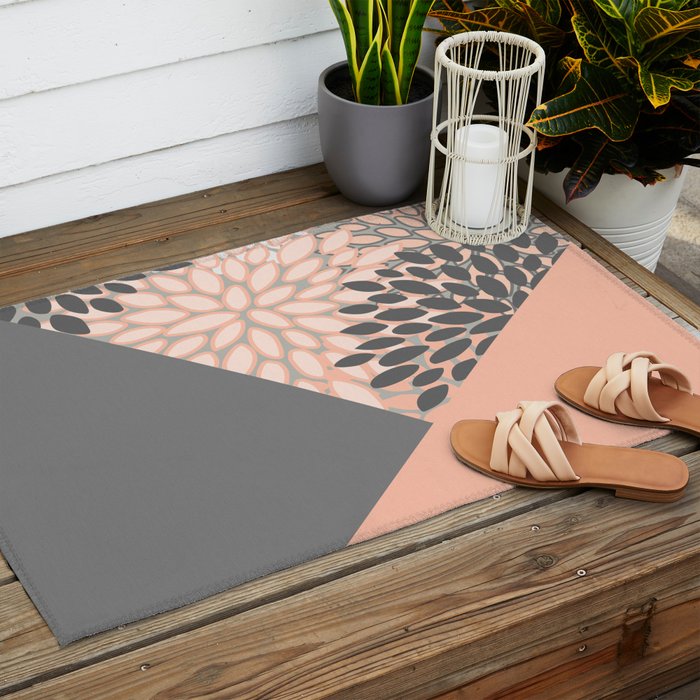Modern, Floral Prints, with Block Color, Coral and Gray Outdoor Rug Gallery Image 2