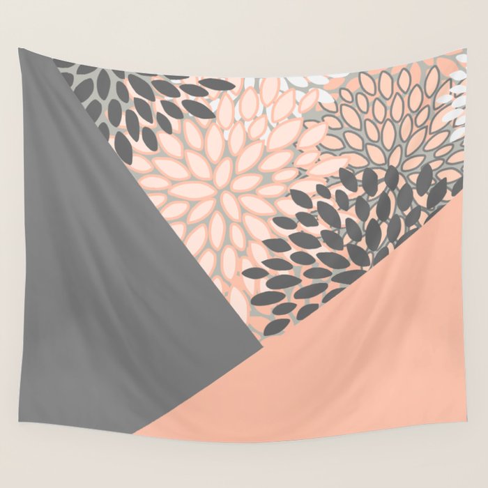 Modern, Floral Prints, with Block Color, Coral and Gray Wall Tapestry Gallery Image 4