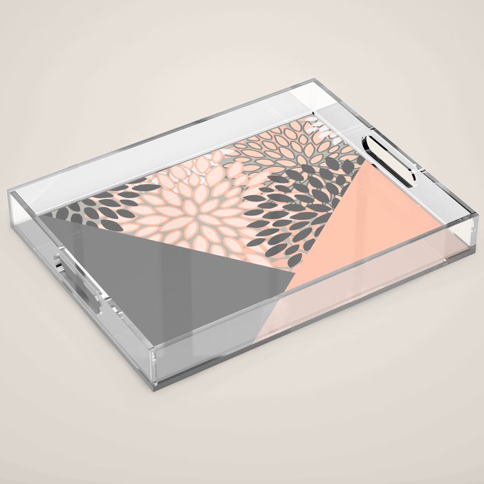 Modern, Floral Prints, with Block Color, Coral and Gray Acrylic Tray Gallery Image 1