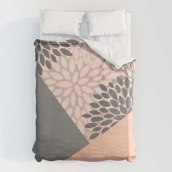 Modern, Floral Prints, with Block Color, Coral and Gray Duvet Cover Gallery Image 6