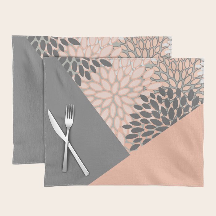 Modern, Floral Prints, with Block Color, Coral and Gray Placemat Gallery Image 1
