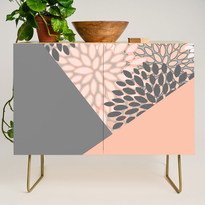 Modern, Floral Prints, with Block Color, Coral and Gray Credenza Gallery Image 1