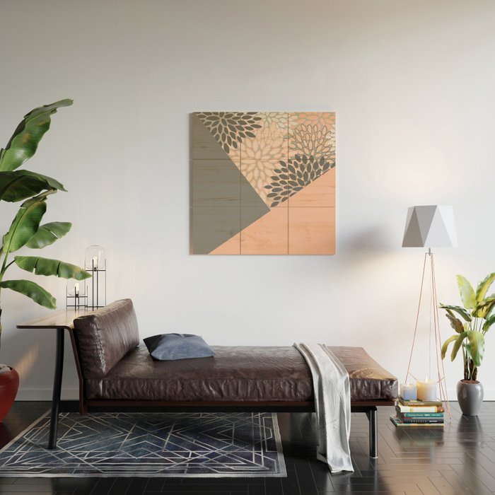 Modern, Floral Prints, with Block Color, Coral and Gray Wood Wall Art Gallery Image 2
