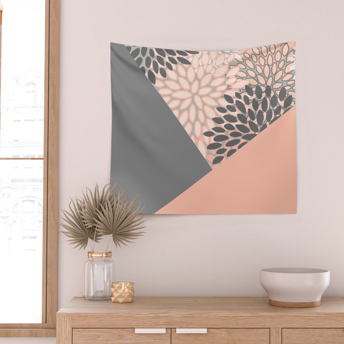 Modern, Floral Prints, with Block Color, Coral and Gray Wall Tapestry Gallery Image 2