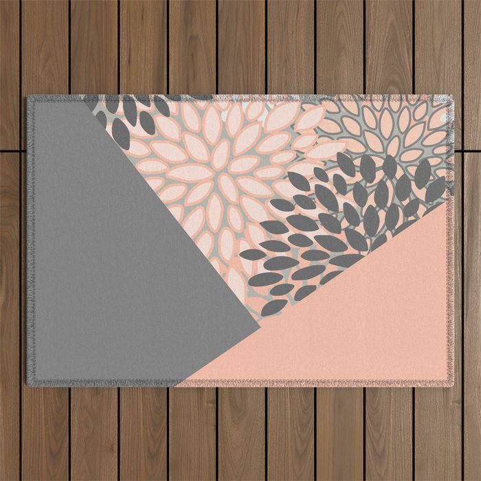 Modern, Floral Prints, with Block Color, Coral and Gray Outdoor Rug Gallery Image 1
