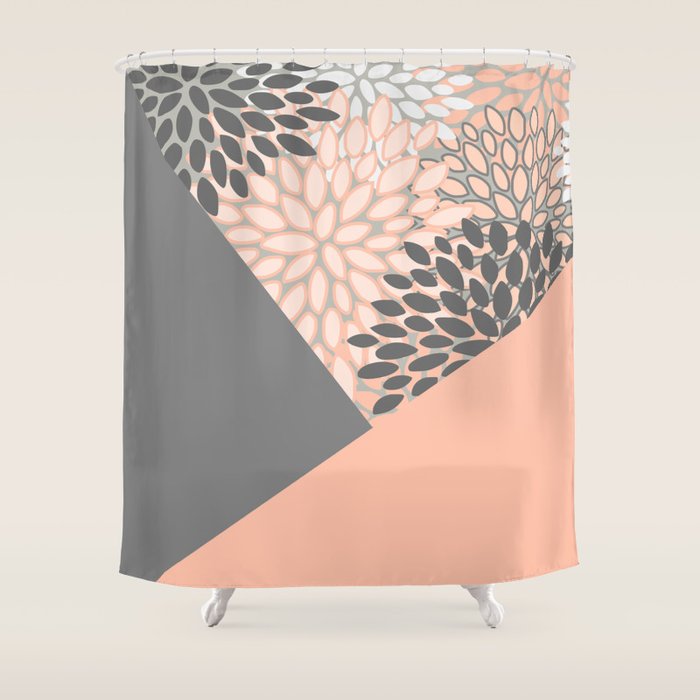 Modern, Floral Prints, with Block Color, Coral and Gray Shower Curtain Gallery Image 1
