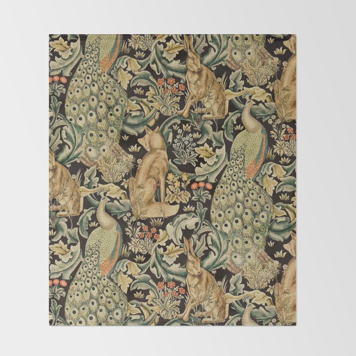 William Morris Vintage Craftsman Forest Compilation Charcoal Black  Throw Blanket Gallery Image 2