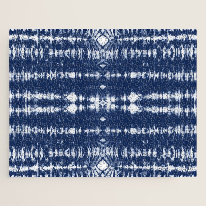 Tie dye shibori horizontal indigo blue stripes pattern Jigsaw Puzzle Gallery Image 1