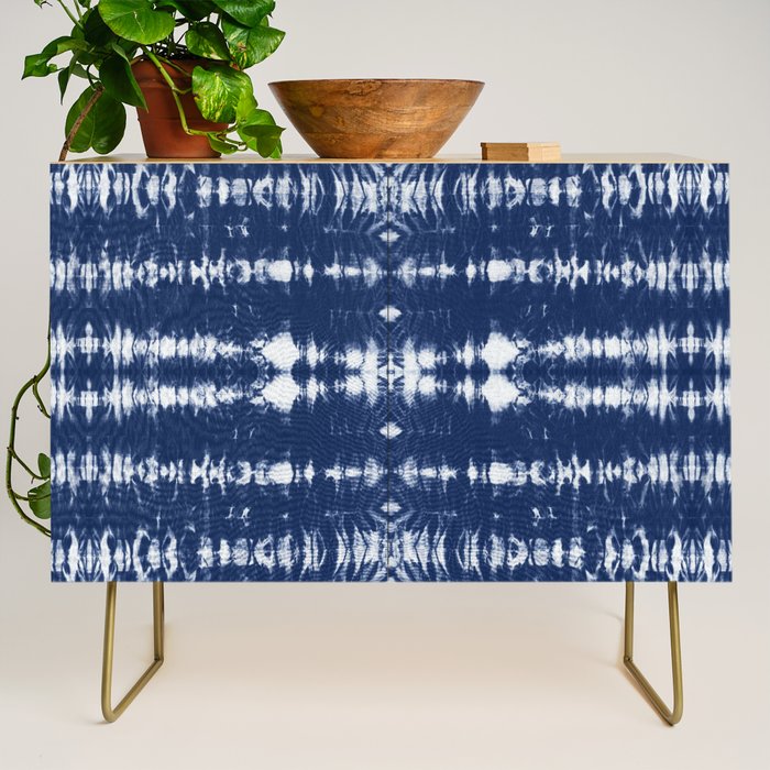 Tie dye shibori horizontal indigo blue stripes pattern Credenza Gallery Image 1