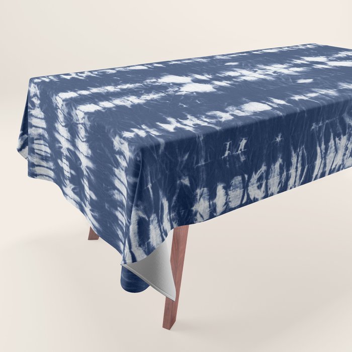 Tie dye shibori horizontal indigo blue stripes pattern Tablecloth Gallery Image 1