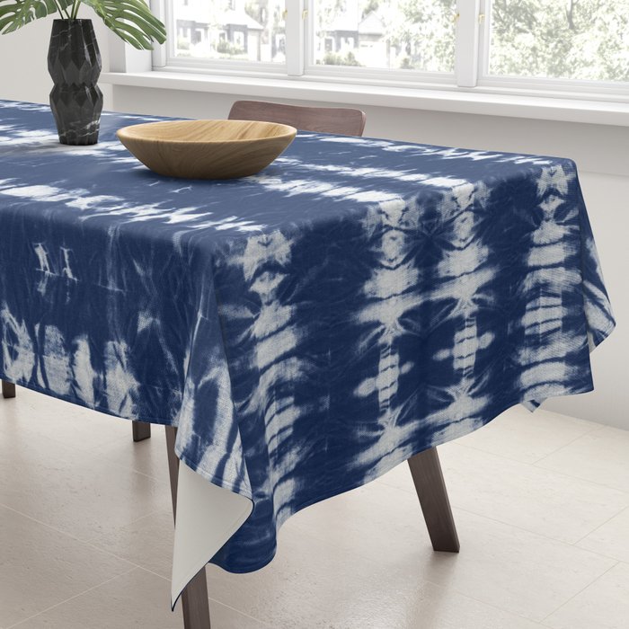 Tie dye shibori horizontal indigo blue stripes pattern Tablecloth Gallery Image 3