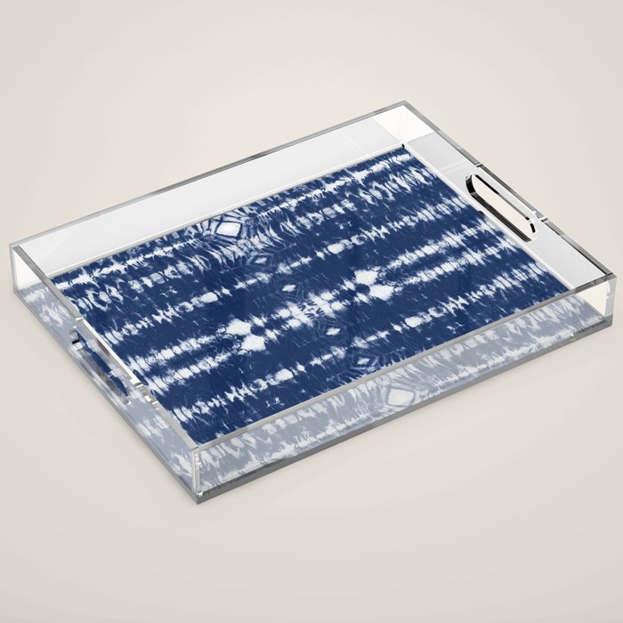 Tie dye shibori horizontal indigo blue stripes pattern Acrylic Tray Gallery Image 1