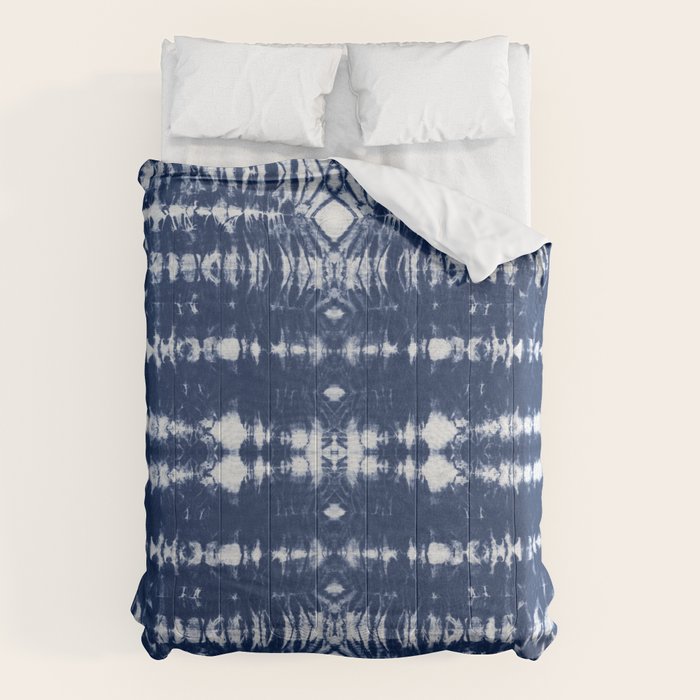 Tie dye shibori horizontal indigo blue stripes pattern Comforter Gallery Image 6