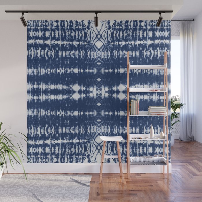 Tie dye shibori horizontal indigo blue stripes pattern Wall Mural Gallery Image 1