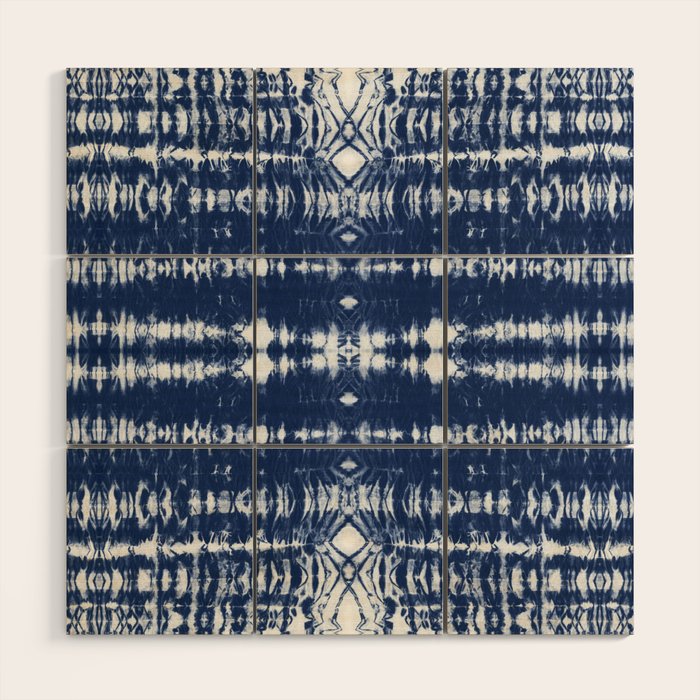 Tie dye shibori horizontal indigo blue stripes pattern Wood Wall Art Gallery Image 1