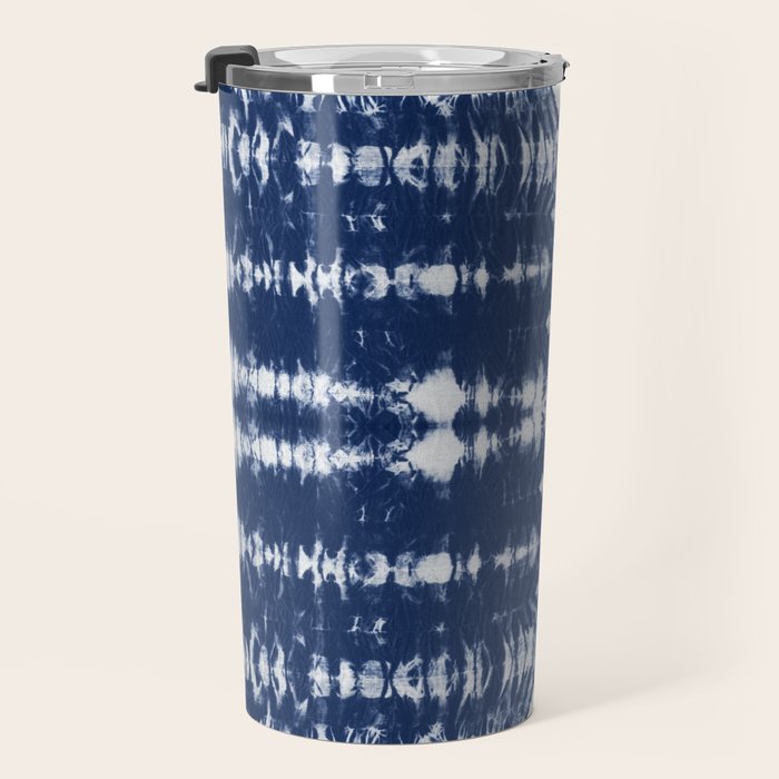 Tie dye shibori horizontal indigo blue stripes pattern Travel Mug Gallery Image 3