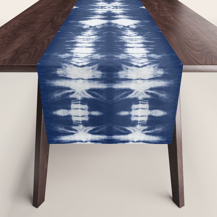 Tie dye shibori horizontal indigo blue stripes pattern Table Runner