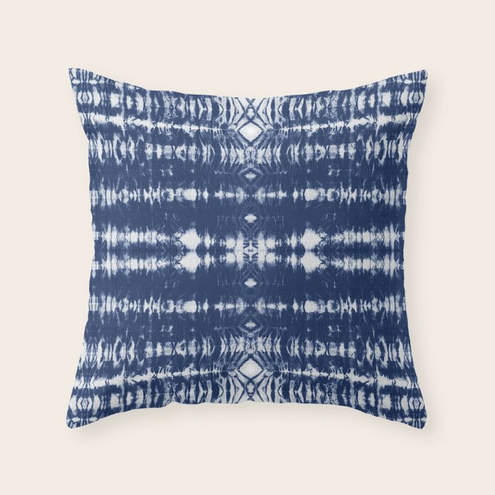 Tie dye shibori horizontal indigo blue stripes pattern Throw Pillow Gallery Image 1