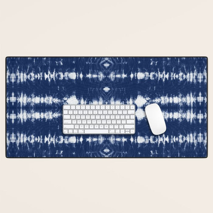 Tie dye shibori horizontal indigo blue stripes pattern Desk Mat Gallery Image 1