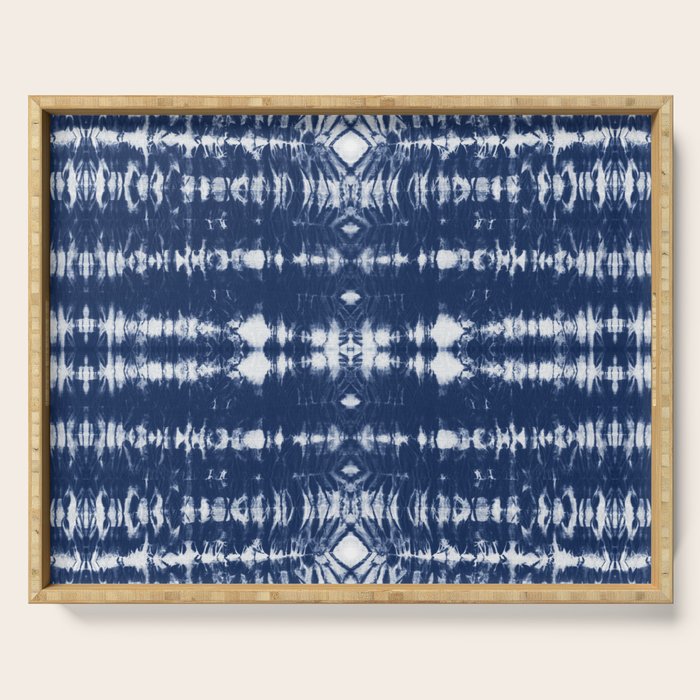 Tie dye shibori horizontal indigo blue stripes pattern Serving Tray Gallery Image 1
