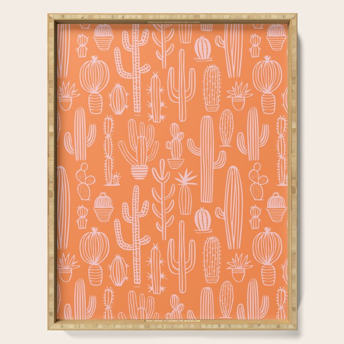 Retro hand drawn cactus plant pattern Serving Tray Gallery Image 1