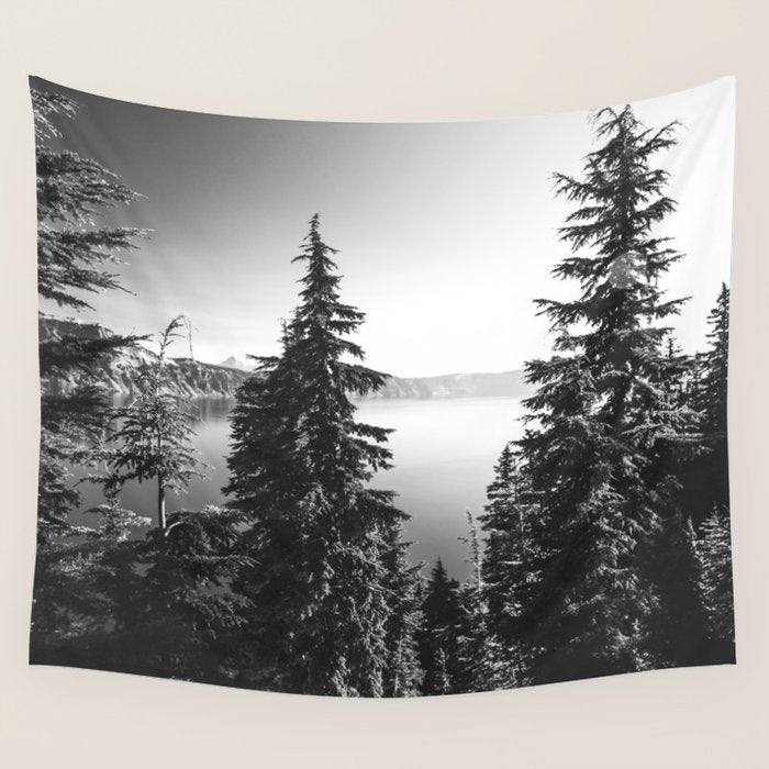 Mountain Lake Forest Black and White Nature Photography Wall Tapestry Gallery Image 4