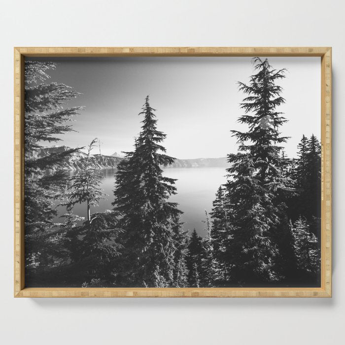 Mountain Lake Forest Black and White Nature Photography Serving Tray Gallery Image 1