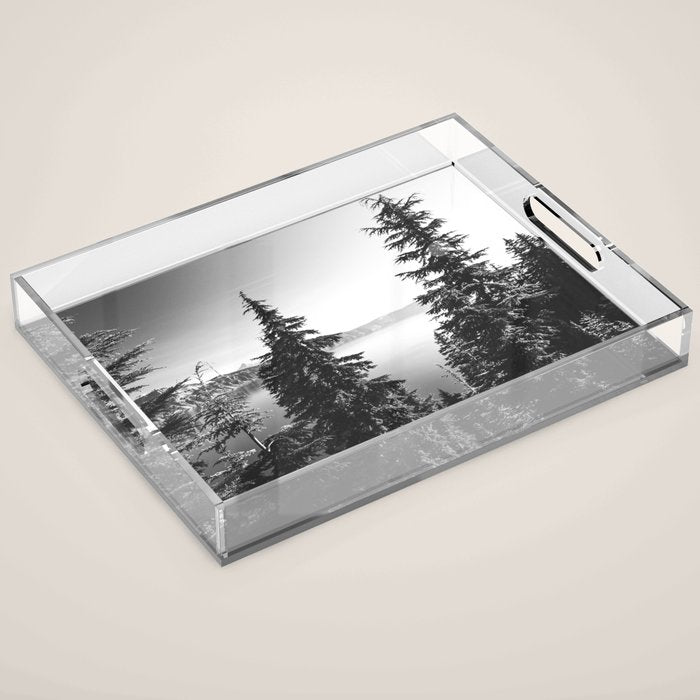 Mountain Lake Forest Black and White Nature Photography Acrylic Tray Gallery Image 1