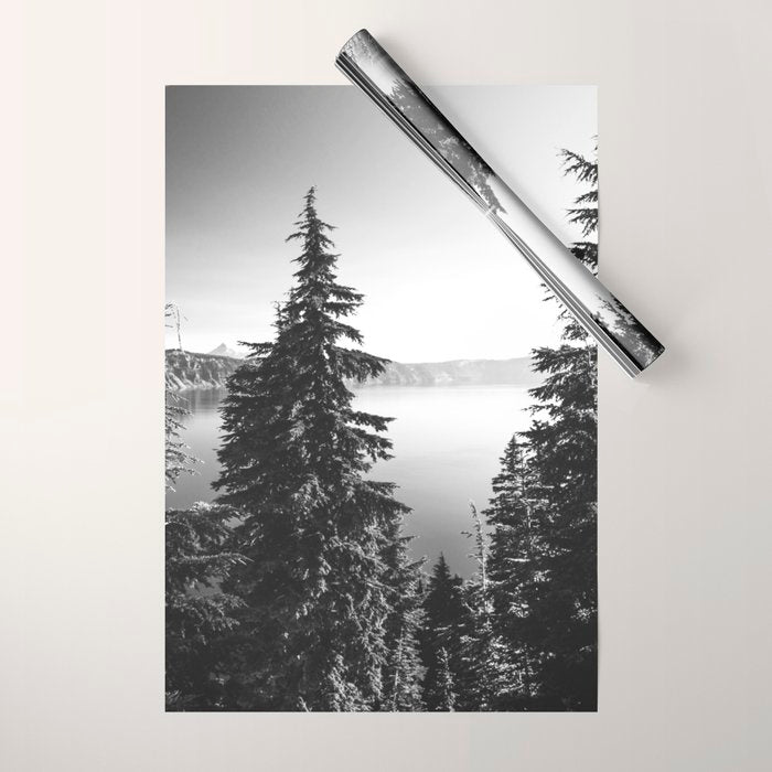 Mountain Lake Forest Black and White Nature Photography Wrapping Paper Gallery Image 1
