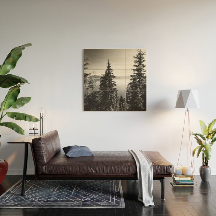 Mountain Lake Forest Black and White Nature Photography Wood Wall Art Gallery Image 2
