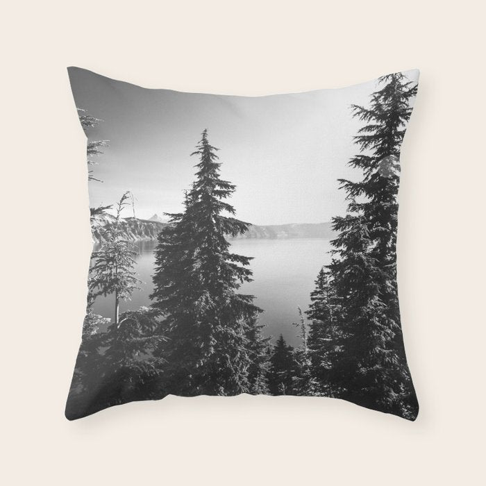 Mountain Lake Forest Black and White Nature Photography Throw Pillow Gallery Image 1